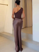 JULISSA MO Patchwork Satin Sexy One Shoulder Women Maxi Dress Brown Sleeveless Evening Dress Summer Slim Elegant Party Clubwear