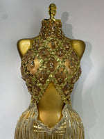 Women Birthday Party Rhinestones Tassels Transparent Short Dress Dance Show 2025 New Sexy Fashion Gold Sparkly Stage Costume