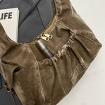 Distressed Vintage Shoulder Bags For Women Pleated Design Large Capacity Retro Hobo Bag 2024 Winter New Designer Handbags Luxury