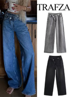 TRAFZA 2025 Summer Women's Fashionable Straight Jeans High Waist Vintage Zipper Women's Casual Jeans Commuting Streetwear Y2K