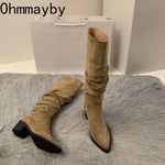 Vintage Pleated Woman Knee High Boot Elegant Low Heel Autumn Winter Shoes Ladies Pointed Toe Knight Long Booties
