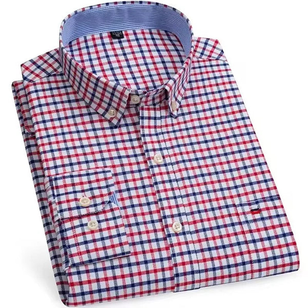 Men's Versatile Casual Checkered Oxford Cotton Shirts Single Pocket Long Sleeve Standard-fit Button Down Gingham Striped 7XL 6XL