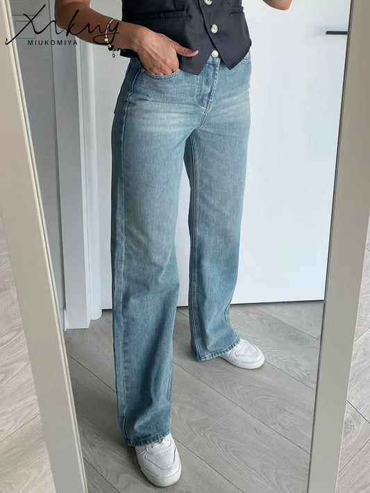 MiuKoMiYa Straight Leg Jeans For Women High Waist Gray Long Wide Denim Pants Vintage Blue Boyfriend Jeans Women 2025 Fall Pants
