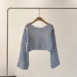 Fishnet Crochet Top Long Sleeve Crop Pullover Women Summer Cover Up Open-knit Blouse Y2K Grunge Outfit