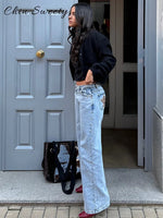 Fashion Beading Star Leopard Patchwork Jeans Women Pockets Low Waist Straight Denim Trousers 2025 Autumn Lady Streetwears New