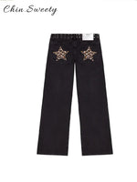 Fashion Beading Star Leopard Patchwork Jeans Women Pockets Low Waist Straight Denim Trousers 2025 Autumn Lady Streetwears New