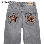 American Leopard Patchwork Eclectic Waif Jeans Y2K Harajuku Street Washed Pockets Denim Trouser Women Casual Grunge 2000s Pants