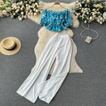 SINGREINY Fashion Two Piece Sets Women Ruffles Floral Print Shirt Elastic Waist Wide Leg Long Pants Korean Slim Summer Suit