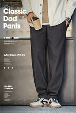 Maden Vintage 410g Heavyweight Dad Pants for Men Elastic Waist Blended Tweed Straight Casual Trousers Uncle Fu Classic Workwear