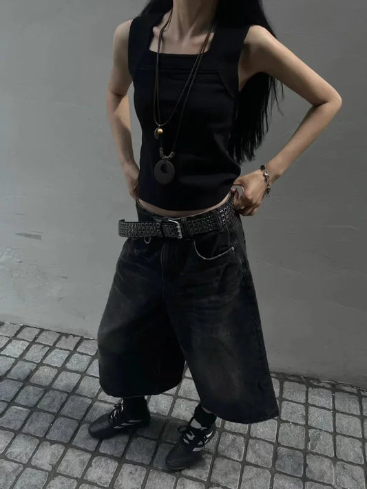 Women Black Y2k Style Baggy Denim Shorts Wide Leg Capri Pants Trendy High Waisted Dark Wash Jeans Female Casual Retro 2000s