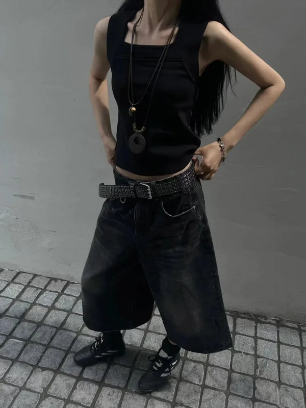 Women Black Y2k Style Baggy Denim Shorts Wide Leg Capri Pants Trendy High Waisted Dark Wash Jeans Female Casual Retro 2000s