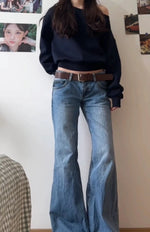 Autumn Winter Women Vintage Old Money Baggy Flare Jean Japanese Y2K Streetwear Denim Pants Grunge Bell-Bottom High Street Korean