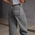 Jean Straight Pants Women Denim Washed Jeans Full Length Mom Embroidery Pockets Loose High Waist Vintage Zipper Fly Spliced