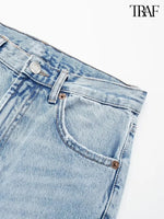 TRAF Women's Fashion Hole Decoration Jeans Blue Trousers Metal Zip Straight Leg Casual Streetwear High Waisted Jeans