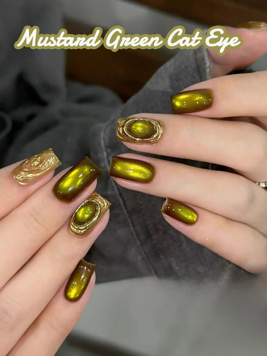 1pcs WS Autumn/Winter Vintage Light Luxury Mustard Green Cat Eye Gel Nail Polish Whitening Glass Beads Nail Art Christmas Nails