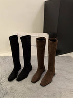 Designer Vintage Women Knee High Boots Fashion Square Low Heel Shoes Concise Slim Long Botas De Mujer