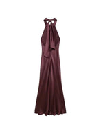 TRZA-Women's Long Satin Halter Dress, Backless, Bow Tied, Back Zipper, Female Dresses, Sexy Fashion