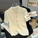 Women's Clothing Chic Polo-neck Knit Short Sleeve T-shirt Summer Casual Loose Thin All-match Cardigan Lady Solid Breathable Tops