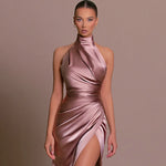 Womens Elegant Long Formal Evening Cocktail Party Dress Sexy High Split Ruched Bodycon Wedding Guest Bridemaid Maxi Dress