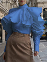 ZANZEA Elegant Women Office Blouse 2025 Fashion Ruffled Stitching Solid Shirts 3D Long Sleeve Tops Casual Loose Buttons Tunics