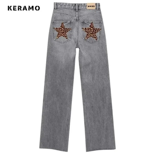 American Leopard Patchwork Eclectic Waif Jeans Y2K Harajuku Street Washed Pockets Denim Trouser Women Casual Grunge 2000s Pants