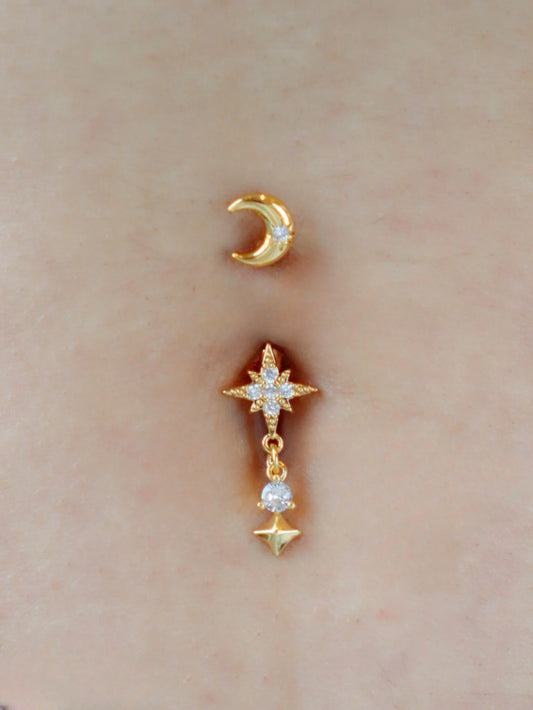 Sexy Women's Charm Moon Star Pendant Perforated Navel Ring Music Festival Jewelry Accessories