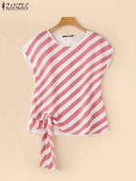 ZANZEA 2025 Korean Striped Printed Tops Fashion Short Sleeve Blouse Holiday Summer HolidayLoose Belted Tunic Casual Simple Tops