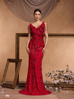 Elegant Deep V-Neck Red Sequin Formal Evening Dresses Women 2024 Beading Wedding Party Mermaid Cocktail Prom Gown