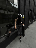 Women Black Y2k Style Baggy Denim Shorts Wide Leg Capri Pants Trendy High Waisted Dark Wash Jeans Female Casual Retro 2000s