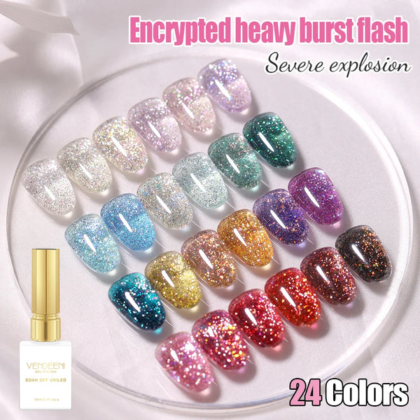 Vendeeni 24 Colors High Density Glitter Nail Gel Polish Explosive Flash Nail Art Gel Varnish Sparkling UV Soak Off Gel Lacquer