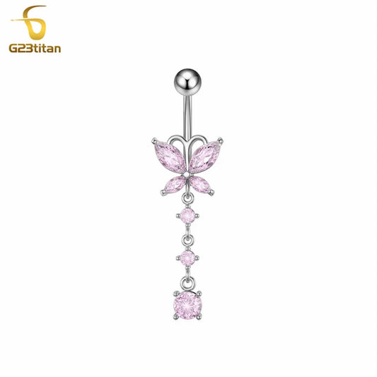 G23titan Crystal Zircon Butterfly Dangle Belly Button Ring Titanium or Steel Bar Navel Piercing Jewelry Women Body Accessories