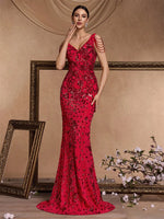 Elegant Deep V-Neck Red Sequin Formal Evening Dresses Women 2024 Beading Wedding Party Mermaid Cocktail Prom Gown