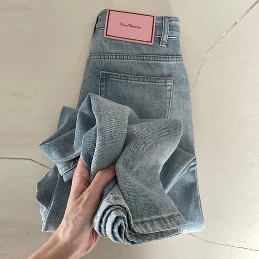 Denim Pant Women Jeans Basics Full Length Straight Wide Leg Pants High Waist Pockets Button Solid Vintage Trousers Casual Denims