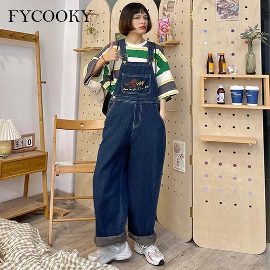 2025 Embroidered Jean Jumpsuits Women New Vintage Baggy Denim Overalls High Street Straight Loose Wide-leg Pants Female