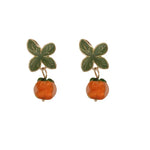 Creative Persimmon Orange Color Flower Leaf Earrings for Women Painting Oil Glazed Glass Cherry Clip on Earrings No Piercing