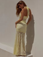 Mozision Lace Draped Ruched Sexy Maxi Dress Women Summer Patchwork Halter Sleeveless Backless Bodycon Club Long Dress Elegant