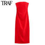 TRAF Women Fashion Summer New Sexy Split Back Zip Pleated Sleeveless Strapless Dress Chic Female French Elegant Evening