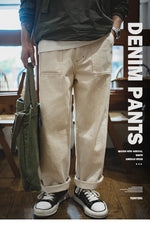 Maden Men's Vintage 11.2oz White Cottonseed Hull Jeans Casual Baggy Fit Straight Trousers for Spring and Fall Chino Cargo Pants