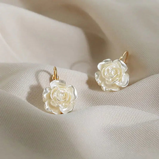 FTCY White Camellia Flower Dangle Earrings For Women French Elegant Summer Earring Sweet Woman's Party Jewelry Gift