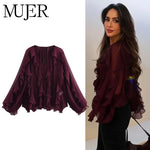 MUJER Ruffle Womens Blouses Semi Sheer Casual Blouses Woman Spring Fairy Shirts and Blouses for Lady Long Sleeve Tops Woman 2025