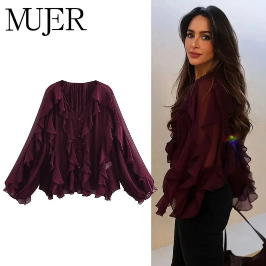 MUJER Ruffle Womens Blouses Semi Sheer Casual Blouses Woman Spring Fairy Shirts and Blouses for Lady Long Sleeve Tops Woman 2025