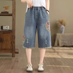 Embroidery New Chinese Style Denim Culottes for Women Summer Thin Style New High Waist Loose Casual Wide Leg Pants