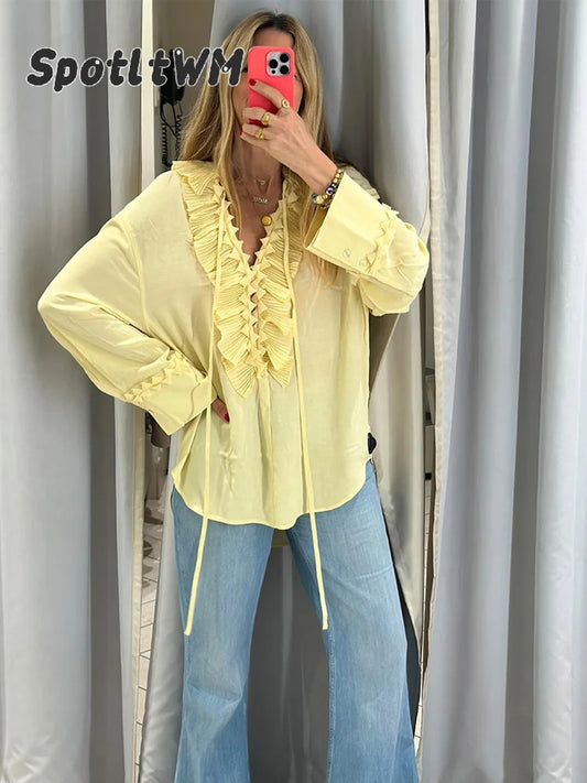 Women Casual Yellow Ruffles Tops Fashion V Neck Lace Up Long Sleeve Loose T Shirt 2025 Summer Lady High Street Commute Clothing