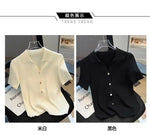 Women's Clothing Chic Polo-neck Knit Short Sleeve T-shirt Summer Casual Loose Thin All-match Cardigan Lady Solid Breathable Tops
