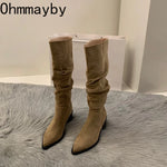 Vintage Pleated Woman Knee High Boot Elegant Low Heel Autumn Winter Shoes Ladies Pointed Toe Knight Long Booties