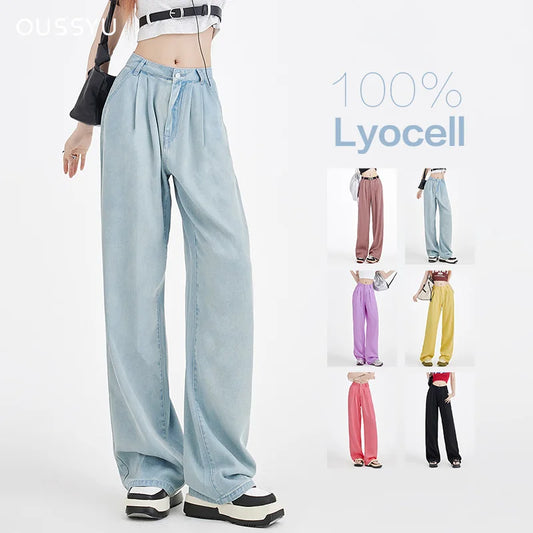 6 Colors Summer Soft Cosy Lyocell Fabric Woman Jeans Loose Wide Leg Straight High Waist Pants Fashion Student Casual Trousers
