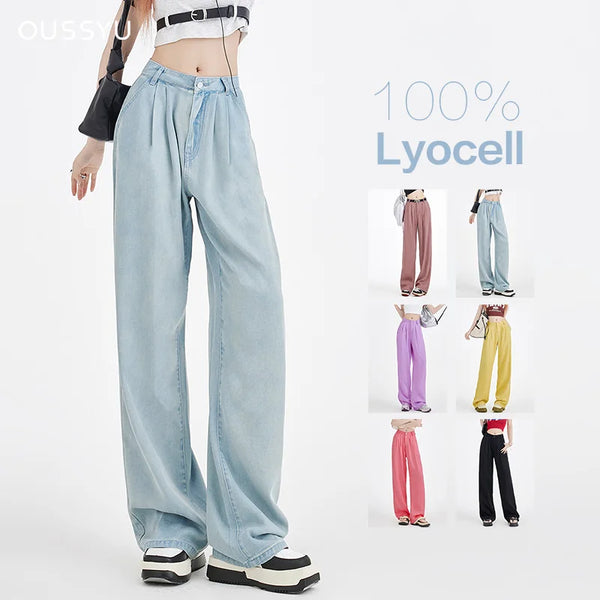 6 Colors Summer Soft Cosy Lyocell Fabric Woman Jeans Loose Wide Leg Straight High Waist Pants Fashion Student Casual Trousers