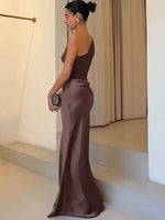 JULISSA MO Patchwork Satin Sexy One Shoulder Women Maxi Dress Brown Sleeveless Evening Dress Summer Slim Elegant Party Clubwear