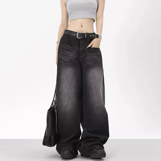 Oversized Retro Black Jeans Wide Leg Pants For Women Chic Y2K Low Waist Baggy Jeans Trouser Mens Barrel Jeans Streetwear