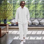 Spring and autumn men's fashion trend quality cotton linen shirt casual loose solid color lapel long sleeve trousers two sets